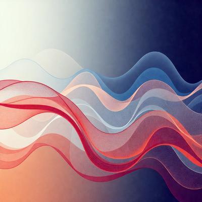 The primary subject of the image is a red, white, and blue wave pattern. The setting is a dark background, which contrasts with the vibrant colors of the wave pattern. The visual style is a combination of digital art and illustration, creating a dynamic and eye-catching design. The dominant colors are red, white, and blue, which evoke a sense of energy and movement.